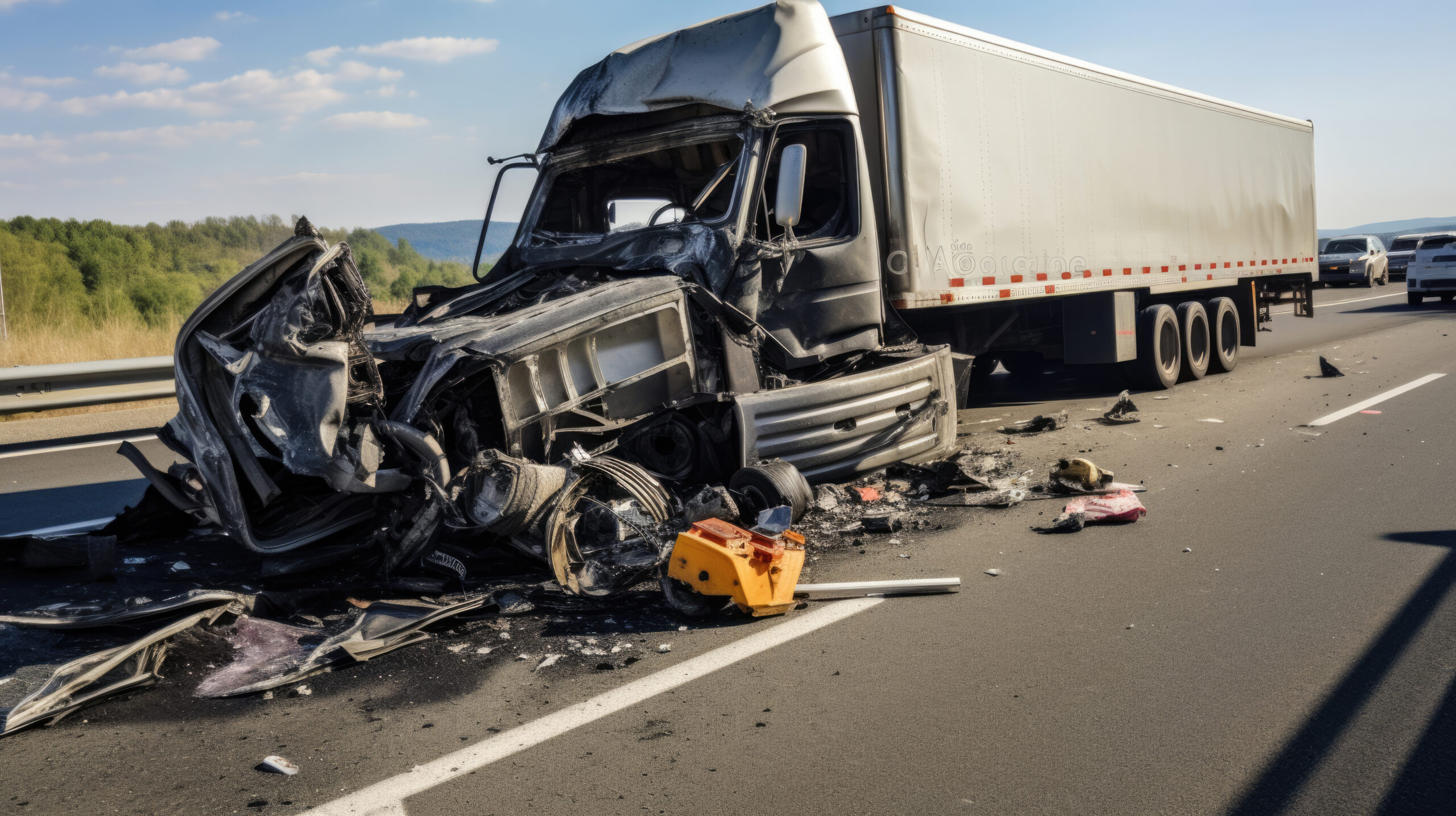 Damaged truck after an accident on the highway